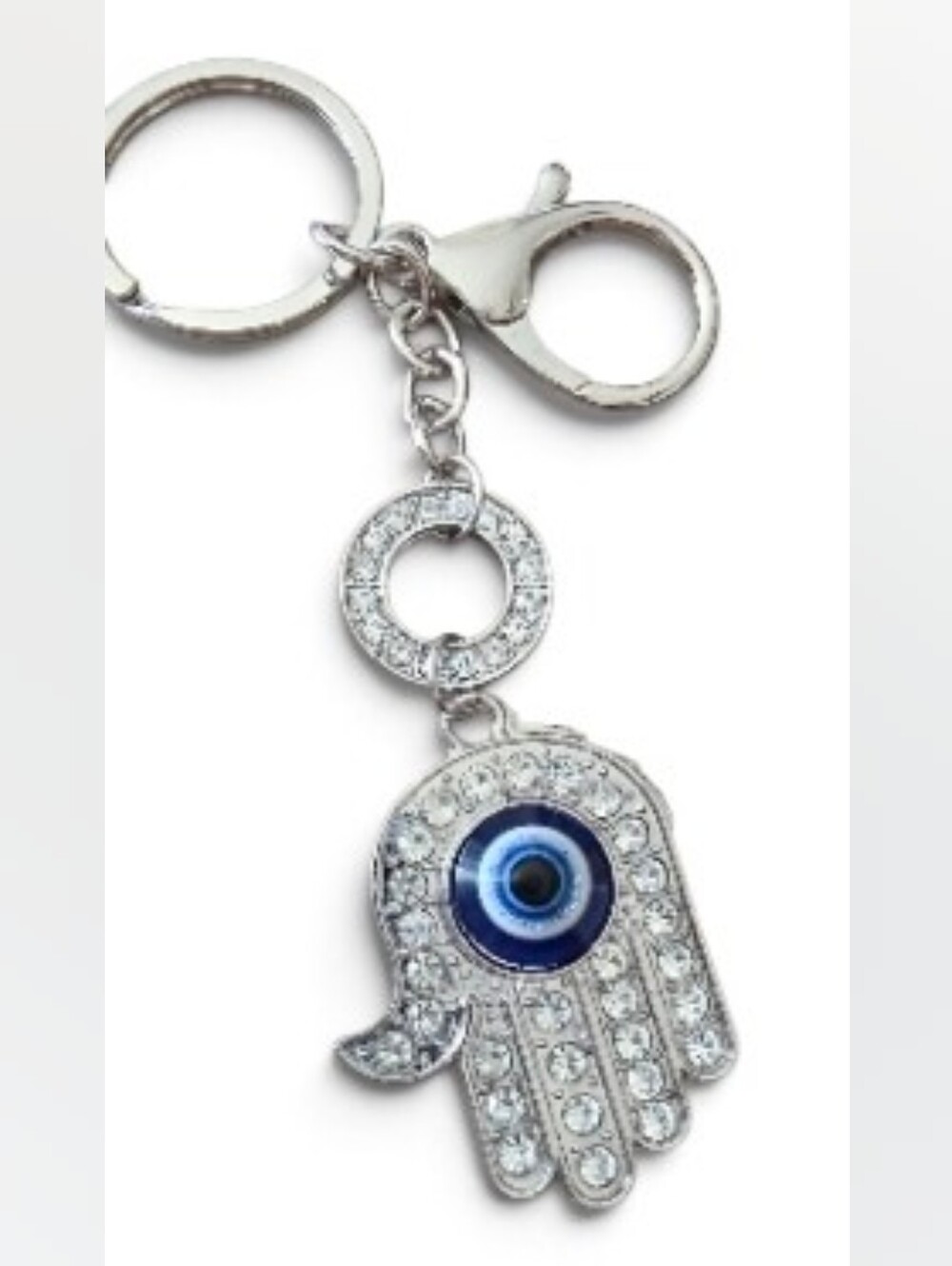 Unk Silver Hamsa Keychain with Blue Evil Eye and Crystals